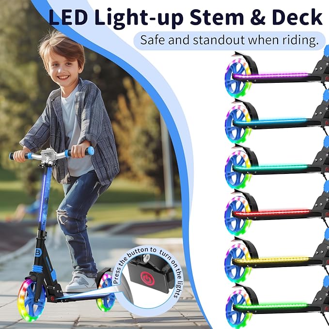 BELEEV V8 Scooters for Kids Ages 6+ with Light-Up Deck, 2 Wheel Folding Scooter for Adults Teens, 4 Adjustable Height, Lightweight Sport Commuter Scooter, Sturdy Frame, Max Load 220 lbs