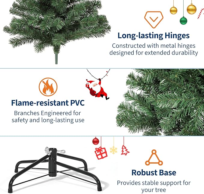 6ft Artificial Christmas Tree, Premium Spruce Hinge Material, Holiday Christmas Tree with Metal Hinges and Collapsible Base for Home Gatherings and Office Decorations