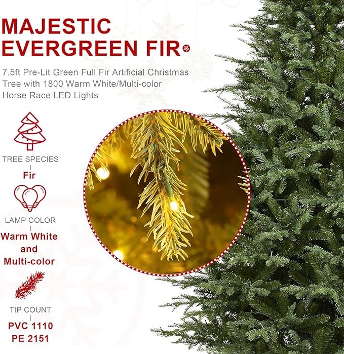Glitzhome 7.5ft Prelit Artificial Christmas Tree, Green Full Christmas Tree Majestic Evergreen Fir with 1800 Warm White/Multi-Color Horse Race LED Lights, 9 Function w/Foot Pedal and Remote Control