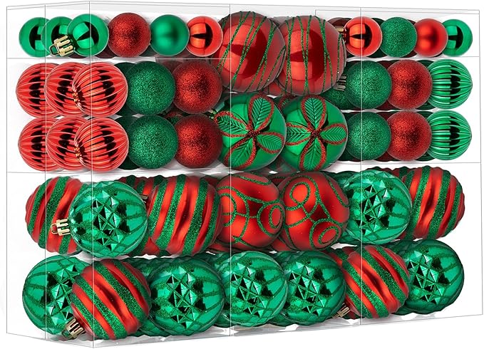 100Pcs Christmas Ball Ornaments Set, Shatterproof Plastic Red and Green Christmas Ornaments for Xmas Tree, Assorted Baubles Hanging Decorations for Holiday/Party/Wedding