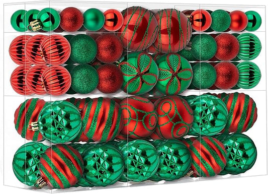 100Pcs Christmas Ball Ornaments Set, Shatterproof Plastic Red and Green Christmas Ornaments for Xmas Tree, Assorted Baubles Hanging Decorations for Holiday/Party/Wedding