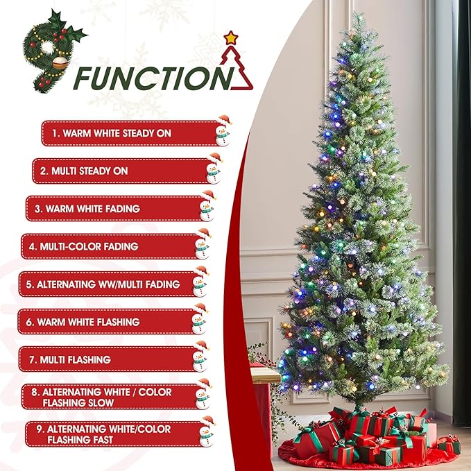Glitzhome Prelit Christmas Tree, 9ft Artificial Christmas Tree Green Charming Cashmere Slim Pine with 450 Warm White and Multi-Color Globe LED Lights, 9 Function w/Foot Pedal and Remote Control