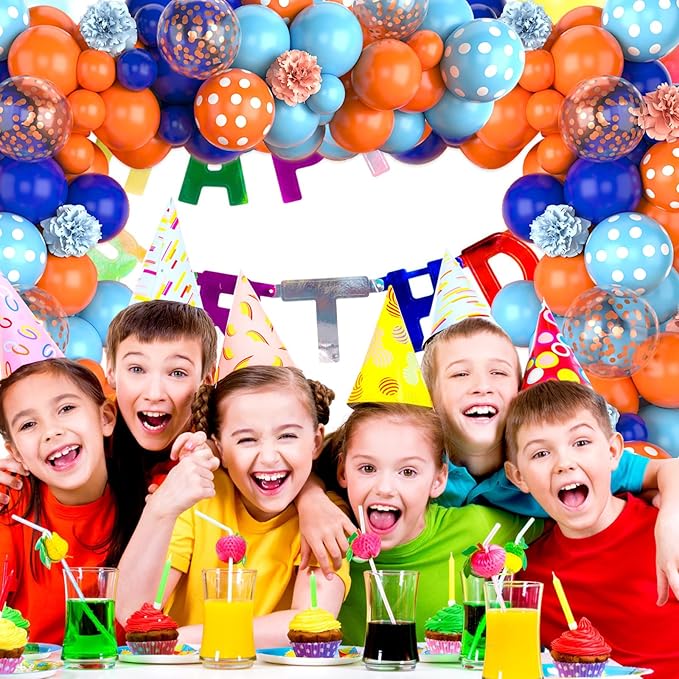 Paready Blue and Orange Balloon Arch Kit, 113Pcs Royal Blue Balloon Garland Light Blue and Orange Polka Dot Party Balloons Confetti Balloons for Birthday Party Baby Shower Wedding