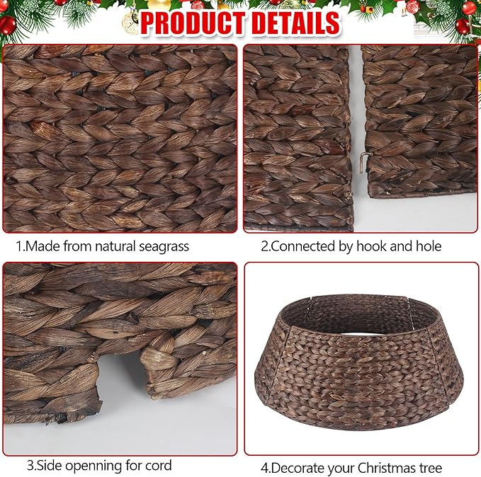 Christmas Tree Collar 24'' D Handmade Hyacinth Tree Collar Basket Rattan Wicker Christmas Woven Tree Ring Stand Base Cover for Christmas Holiday Decoration-Round Brown