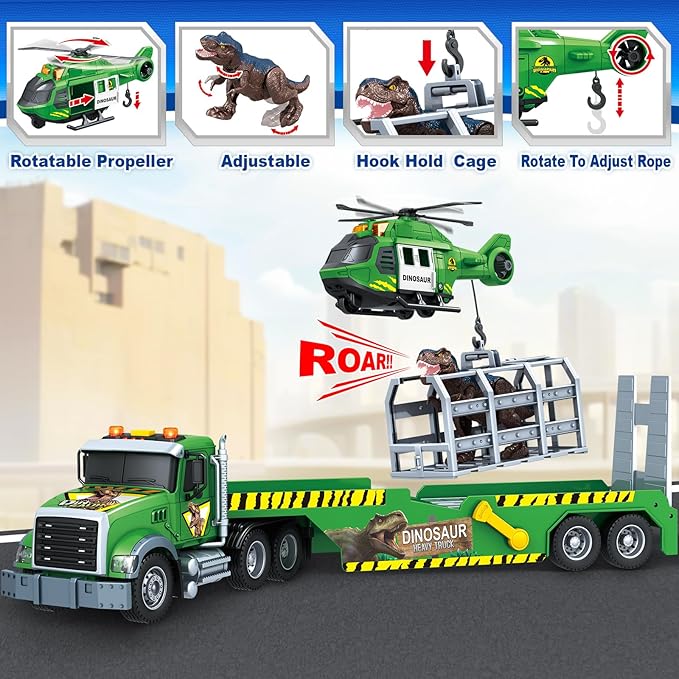 SpringFlower Carrier Dino Truck Kids Toys, 24“ Semi Truck Toy with Helicopter & Dino Toy with Lights, Sounds, Vehicle Toy for Toddlers 3 4 5 6 7, Birthday Gifts for Kids