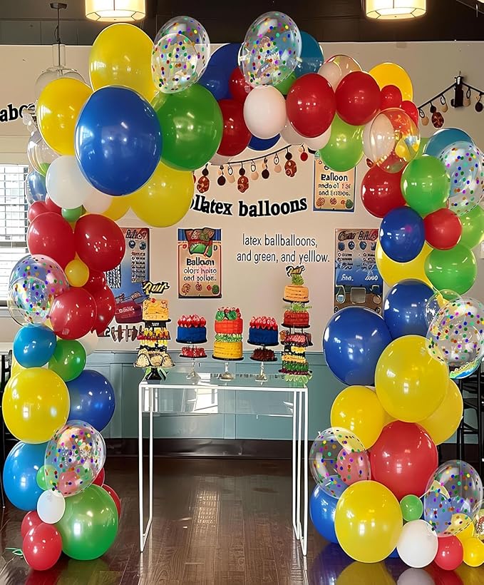 300 Pcs Red Yellow Blue Green Balloons, 12 Inch Red Yellow Blue Green Balloons and Colourful Confetti Balloons for Carnival, Circus Party Décor