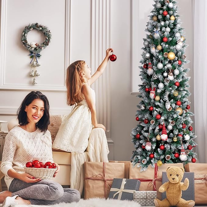 Prelit Pencil Christmas Tree with Lights, Skinny Artificial Christmas Tree, Indoor Fake Xmas Tree Holiday Decor (Warm White Lights, 7.5FT)