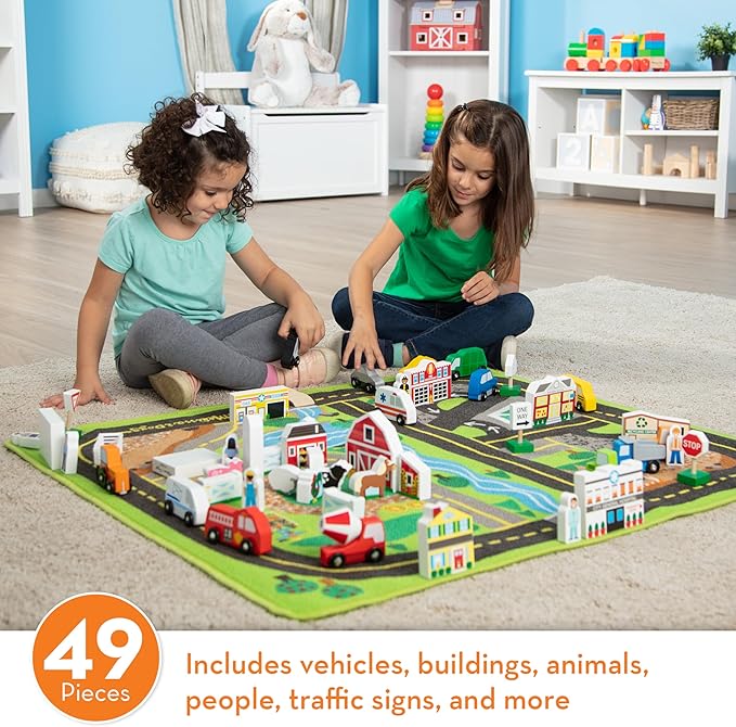Melissa & Doug Deluxe Activity Road Rug Play Set with 49 Wooden Vehicles and Play Pieces