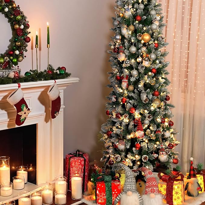 Prelit Pencil Christmas Tree with Lights, Skinny Artificial Christmas Tree, Indoor Fake Xmas Tree Holiday Decor (Warm White Lights, 6FT)