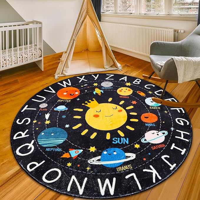 ABC Kids Round 4 Ft Soft Circle Alphabet Playroom Rug, Washable Non-Slip Solar System Educational Rug for Classroom, Playroom, Bedroom Decor