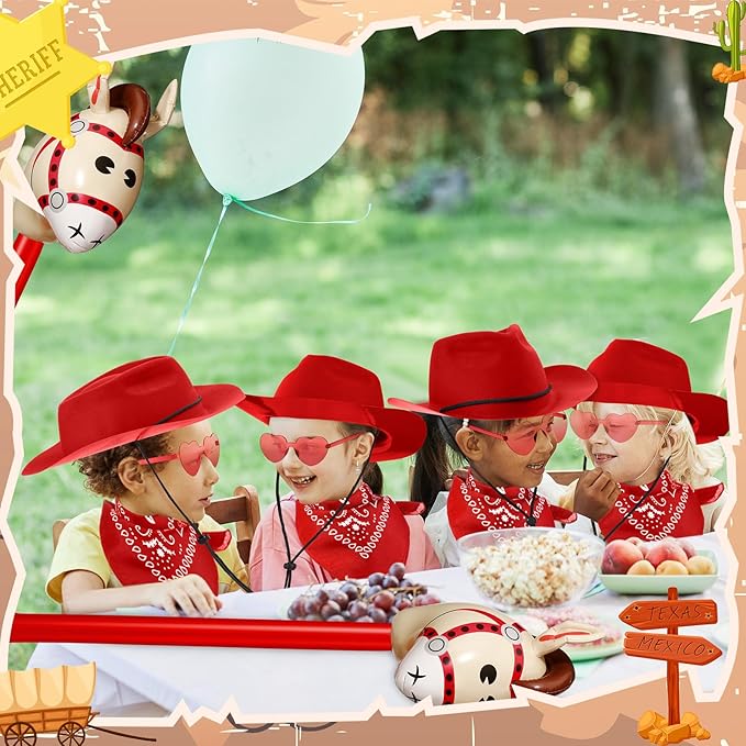 Xtinmee 48 Pcs Kids Cowboy Party Favor with Cowboy Hats Inflatable Stick Horses Bandanas Heart Glasses for Kid Costume(Red)