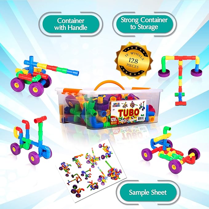 Building Toys for Kids, 128 Piece Construction Blocks for Kids, Tubular Spout Constructor STEM Toy for Toddlers Ages 4+