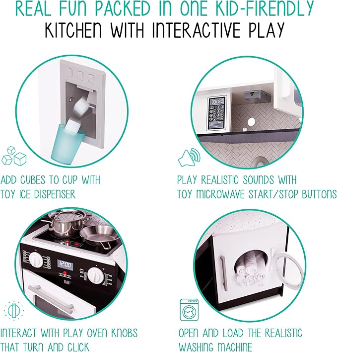 Lil' Jumbl Kids Corner Kitchen Set, Pretend Wooden Deluxe Play Kitchen, Battery Operated Icemaker, Stovetop & Faucet with Realistic Sound - Black