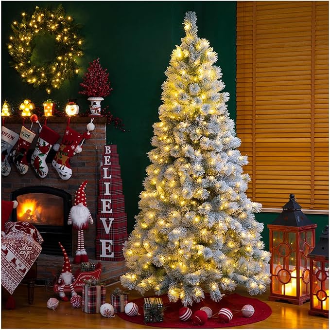 Glitzhome 7.5ft Pre-Lit Artificial Christmas Tree, Snowflake Flocked Pine Tree, Warm White Light, 688 Branch Tips, and Easy Assembly Metal Stand for Christmas and Party Home Decoration