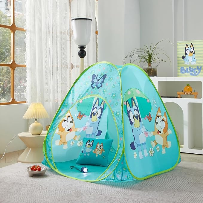 Bluey 3-Piece Adventure Slumber Set,Pop-Up Play Tent,Pillow & Flashlight,Fun Playhouse for Kids Ages 3+