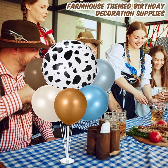 2 Sets Cowboy Party Decorations Table Centerpiece Blue Brown Neutral Balloon Stand Kit with Large Cow Print Foil Latex Balloon for Western Cowboy Farm Animal Baby Shower Birthday Supplies