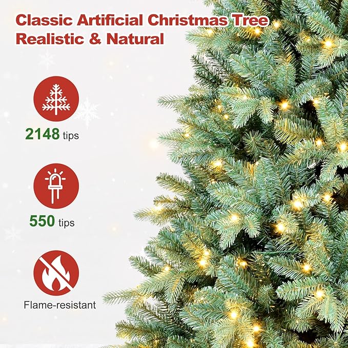 7.5 Ft Pre-Lit Artificial Christmas Tree, w/ 550 LED Warm Lights, 2148 PE&PVC Mixed Branch Tips, Faux Xmas Tree for Home, Office, Party Decoration, Easy Assembly, Metal Hinges & Foldable Base