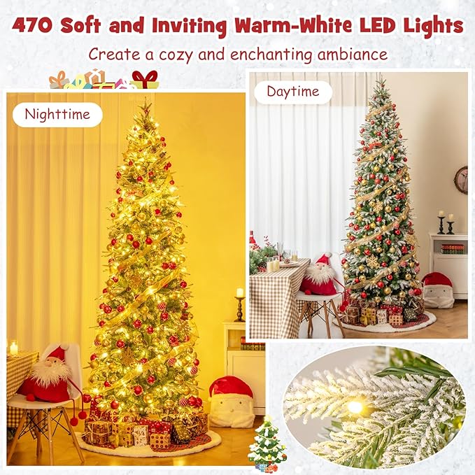 Goplus 9 FT Pre-Lit Pencil Christmas Tree, Artificial Snow Flocked Hinged Fake Slim Xmas Tree with 470 Warm-White LED Lights, 1310 Branch Tips, 98 Pine Cones, for Office Home Decoration