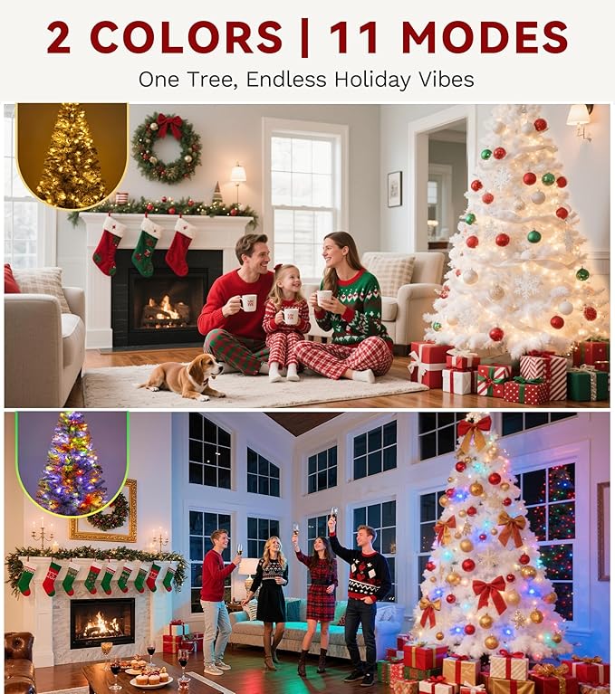 DWVO Flocked Christmas Tree Prelit 7.5ft, Atificial Christmas Tree with 550 LED Lights & 55 Pine Cones, Full Flocked Xmaxs Trees with 1278 Branch Tips, Metal Hinged & Stand Home Party Decoration