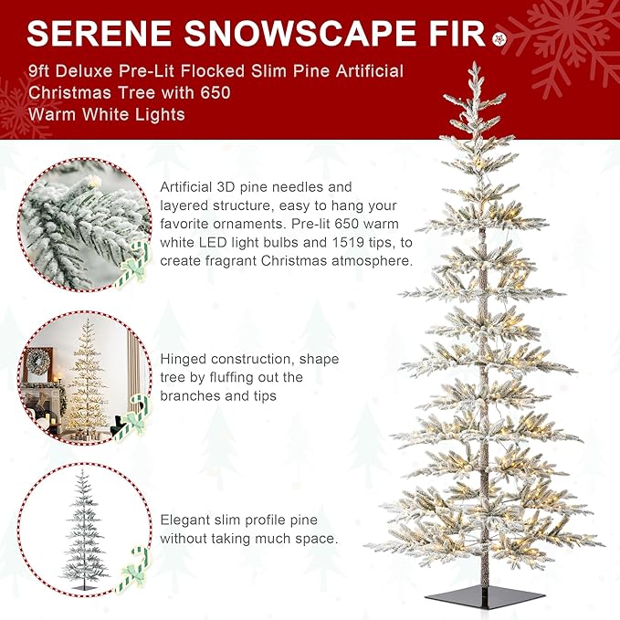 Glitzhome 9ft Flocked Christmas Tree, Deluxe Pre-Lit Artificial Christmas Tree, Large Xmas Serene Snowscape Fir Tree with 650 Warm White Lights and 1519 PE Tips for Holiday Home Party Decor