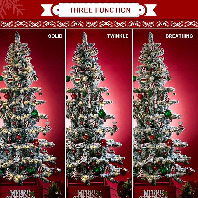 Glitzhome 7.5ft Pre-Lit Flocked Slim Artificial Christmas Tree Frostwood Spruce with 320 Warm White Lights and Sturdy Metal Stand for Home, Office, Party Decoration