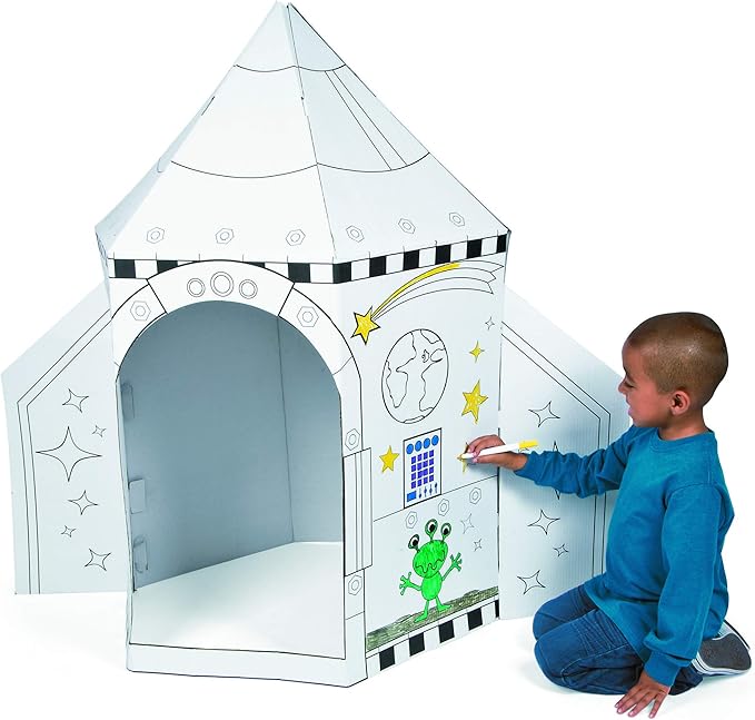 Fun Express Cardboard Playhouse Rocket Ship Toy for Kids - 5 Foot Color Your Own Spaceship for Indoor Play | White Cardboard House to Color for Toddler Activities & Creative Arts Projects
