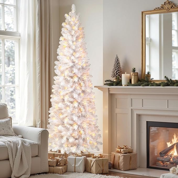 SHareconn 6 ft Prelit Artificial Hinged Slim Pencil Christmas Tree with Warm White Lights, Full Branch Tips, Good Choice Decoration for Xmas Holiday, 6 FT, White