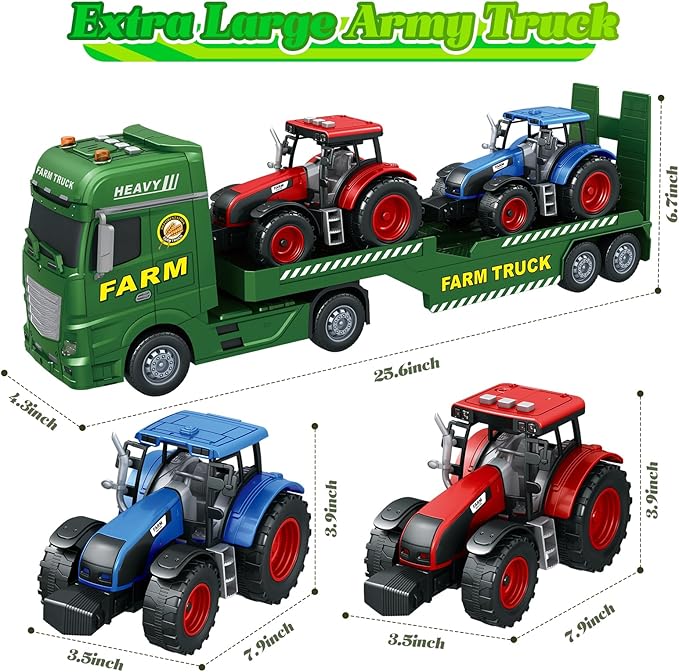 3-in-1 Farm Truck Toys for Kids Ages 3-6 - Inertia Semi Trailer with Tractor & Farm Vehicle, Light and Sound Play Set
