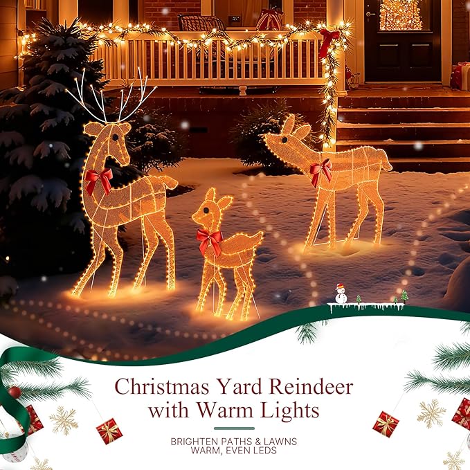 [3-Piece Reindeer Christmas Decorations Outdoor] 2D Lighted Deer Family with 260 LED Light. Durable Yard Lawn Holiday Decor, Outdoor Lighted Holiday Display for Yard Lawn Garden-White