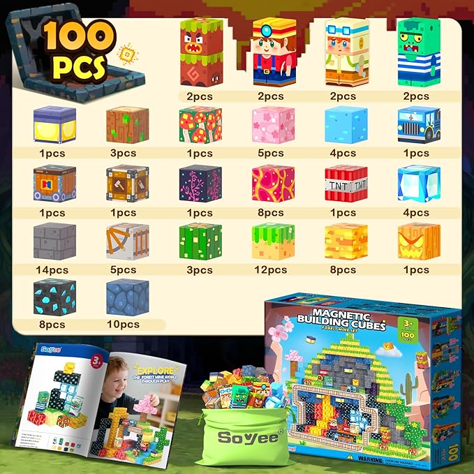 Soyee Magnetic Blocks 100 PCS Building Toys for Ages 4-8 9-12 3-5 Forest & Mine Theme Magnet Building Cubes STEM Sensory Toys for Kids Ages 3 4 5 6 7 8 9 10 11 12 Year Old Boys Girls Birthday Gifts