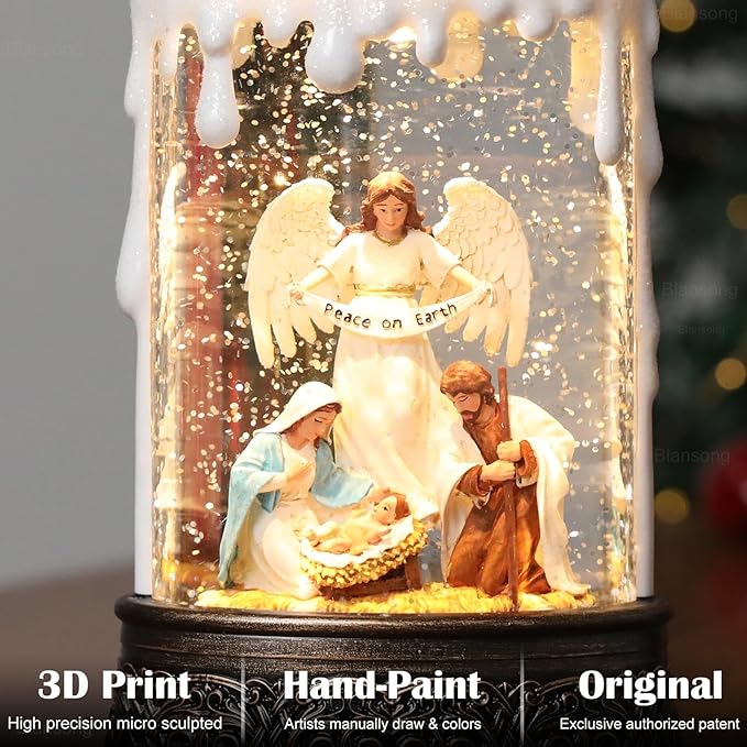 Nativity Snow Globes Candle Home Decor Accent Auto Snowfall Glitter Music Collection Angel Nativity Scene Peace on Earth with 6H Timer USB/Battery Powered 9.7 inch