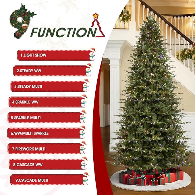 Glitzhome 11ft Pre-lit Artificial Christmas Tree, Majestic Evergreen Fir Green Full Xmas Tree with 3200 Warm White/Multi-Color Horse Race LED Lights, 9 Function w/Foot Pedal and Remote Control