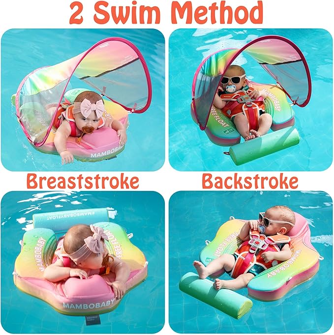 Mambobaby Float Add Tail Baby Swim Float with Canopy Solid Pool Infant Swim Trainer Swimming Training Lying Air Free Water Floats Non-Inflatable Waist Swim Ring for Toddlers (Rainbow)