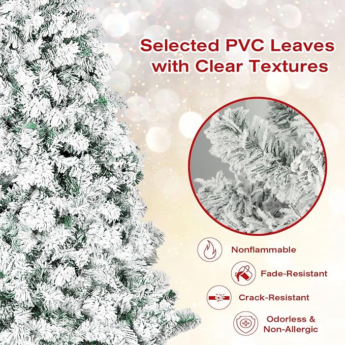 7 ft Premium Hinged Artificial Holiday Christmas Tree for Home, Office, Party Decoration Snow Flocked Xmas Pine with 1,000 Branch Tips, Easy Assembly, Metal Hinges & Base, White