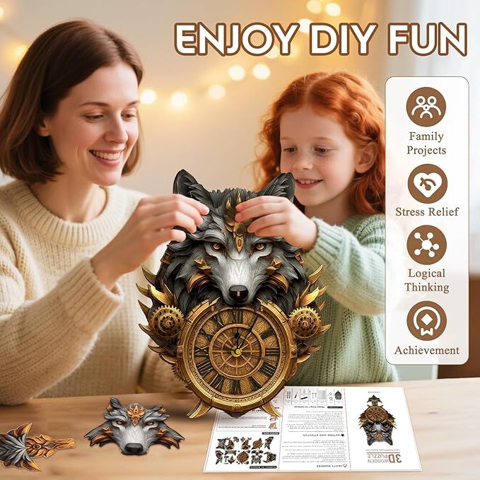 3D Puzzles for Adults Clock-Gray Wolf Design Model Kit-Mechanical DIY Pendulum Clock with Roman Numerals-Desk Home Office Decor Personalized Gift for DIY Lovers