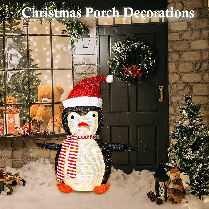 Penguin Christmas Decorations Outdoor, 28 Inch Collapsible Penguin Outside Christmas Decorations with 45 LED Lights, Light Up Xmas Yard Decorations, Lighted Porch Lawn Decor