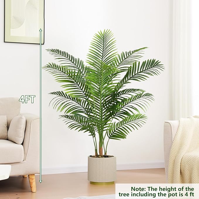 2 Pack Artificial Palm Tree Indoor Plant 4FT Tall Fake Tropical Palm Tree in Pot, Real Bark Design Faux Areca Palm Tree for Home Office Living Room Bedroom Farmhouse Modern Outdoor Topiary Tree