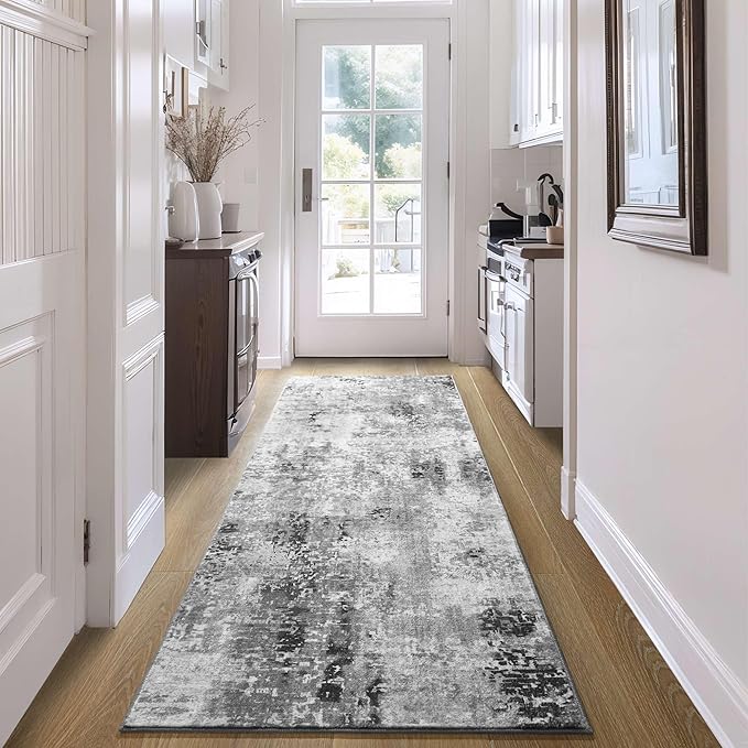 2x6 Rug Runners for Hallways Kitchen Runner Rug Non Slip Washable Grey Long Runner Rugs with Rubber Backing Soft Abstract Carpet Runner for Hallways, Kitchen, Bedroom, Bathroom, Entryway
