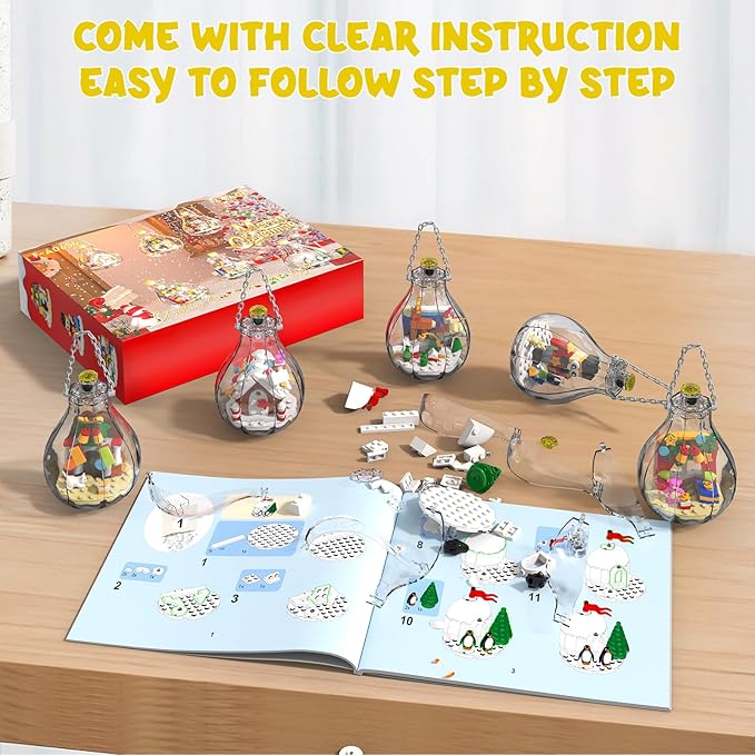 6 Pack Christmas Tree Bulb Ornament with Light Building Set, Including Gingerbread House, Penguin House, Christmas House, Fireplace, Nutcracker, Reindeer, Stocking Stuffer Toy Gifts for Kids.(405PCS)