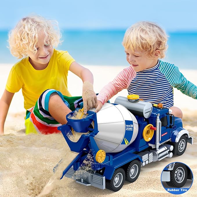 Kids Toys for 3 4 5 6 7 8 Years Old Boys, 15" Large Cement Mixer Truck Toy with Lights, Sounds, Blue Toddler Friction Powered Truck Vehicle Toy for Boys Girls Christmas Birthday Gifts