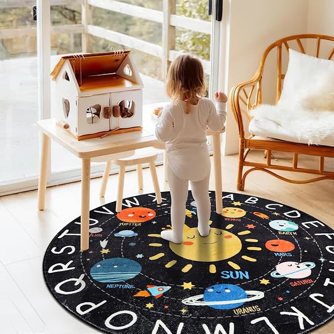 ABC Kids Round 4 Ft Soft Circle Alphabet Playroom Rug, Washable Non-Slip Solar System Educational Rug for Classroom, Playroom, Bedroom Decor