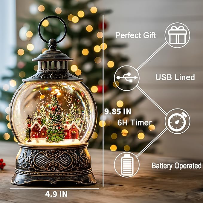 Christmas Village Snow Globe Lighted Christmas Tree and Village Scene, Musical Snow Water Lantern Swirling Glittering Home Decoration and Gift, Battery Operated or USB Powered