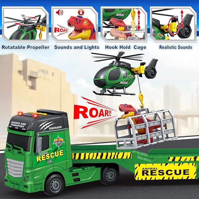 SpringFlower Toddler Truck Boy Toys, Large Dino Truck Toy with Helicoper and Dino, 3 in 1 Boy Toy for 3 4 5 6 7 Year Old, Christmas Birthday Gifts for Kids 3 4 5 6 Years Old