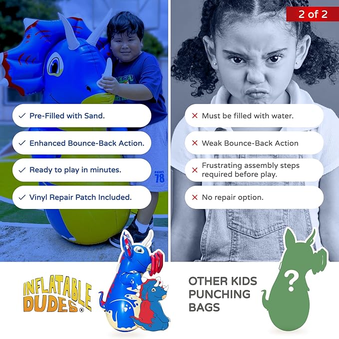 INFLATABLE DUDES Dinosaur -Kids Punching Bag | Already Filled with Sand| Bop Bag | Premium Inflatable Toy | Punching Bag for Kids | Enhanced Bounce-Back Action! | Indoor Outdoor - Party Games