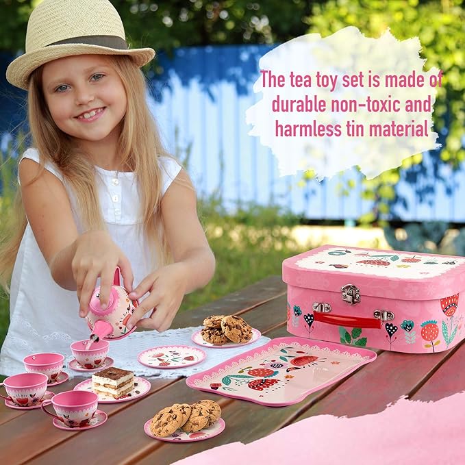 D-FantiX Kids Tea Set for Little Girls, 15Pcs Pink Tin Tea Party Set for Toddlers Afternoon Tea Time Playset with Metal Teapots Tea Cups Play Dishes Princess Toys Gifts with Carry Case