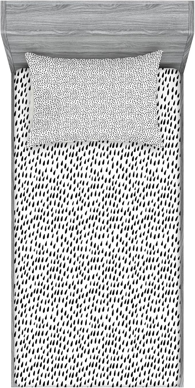 Ambesonne Rain Fitted Sheet & Pillow Sham Set, Monochrome Style Pattern with Water Raindrop Silhouettes Digital Image Print, Decorative Printed 2 Piece Bedding Decor Set, Twinxl, Charcoal White