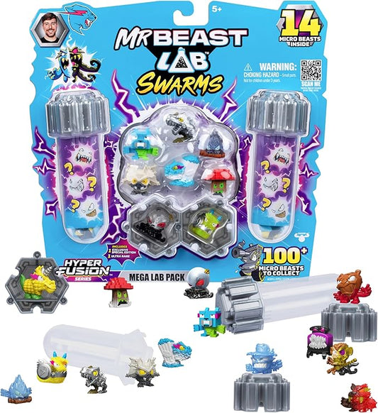 MRBEAST LAB Swarms Series 3, Hyper Fusion Series, 14 Pack Collectible Micro Beasts, 14 Collectible Stickers & 4 Fusion Caps to Build Out Your Own Septic Snow Globe