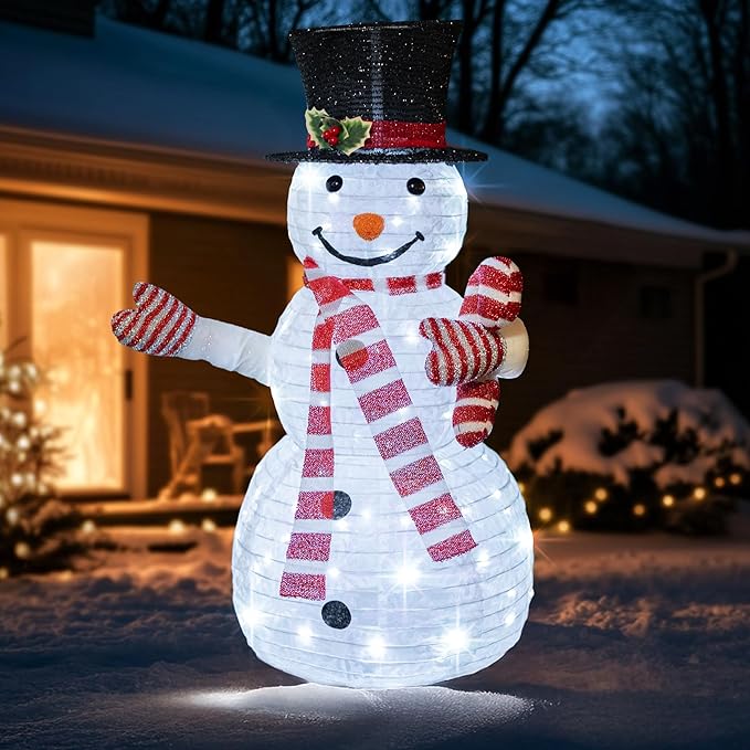 Dazzle Bright Christmas Snowman Decorations, 3.5 FT Pre-Lit 70 LED Pop-Up Snowman, Collapsible Lighted Snowman with Metal Stand for Indoor Outdoor Garden Yard Home Party Xmas Decor