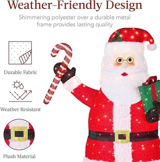 Best Choice Products 3ft Lighted Pop-Up Santa, Outdoor Christmas Holiday Decoration w/ 120 LED Lights, Twinkling Candy Cane, Gift Box, Hat