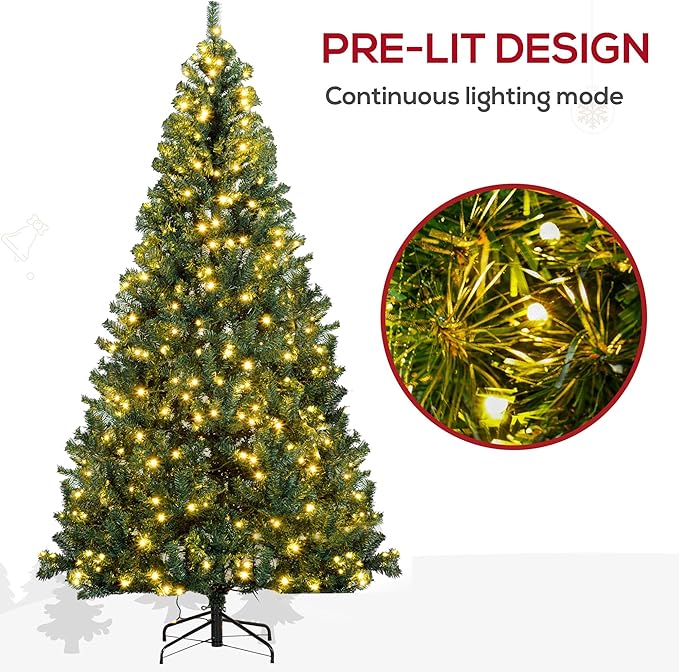 HOMCOM 7.5' Tall Prelit Christmas Tree Douglas Fir Artificial Christmas Tree with 500 Warm White LED Lights, Realistic Branches and 1346 Tips, Green